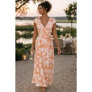 Roxy Coral Tropical Wrap Maxi Dress L Resort Wedding Guest